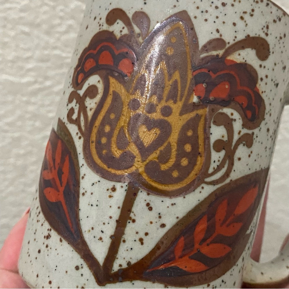 Lot 2 Vintage Otagiri Style Speckled Stoneware Rooster & Flower Mugs - Picture 12 of 13
